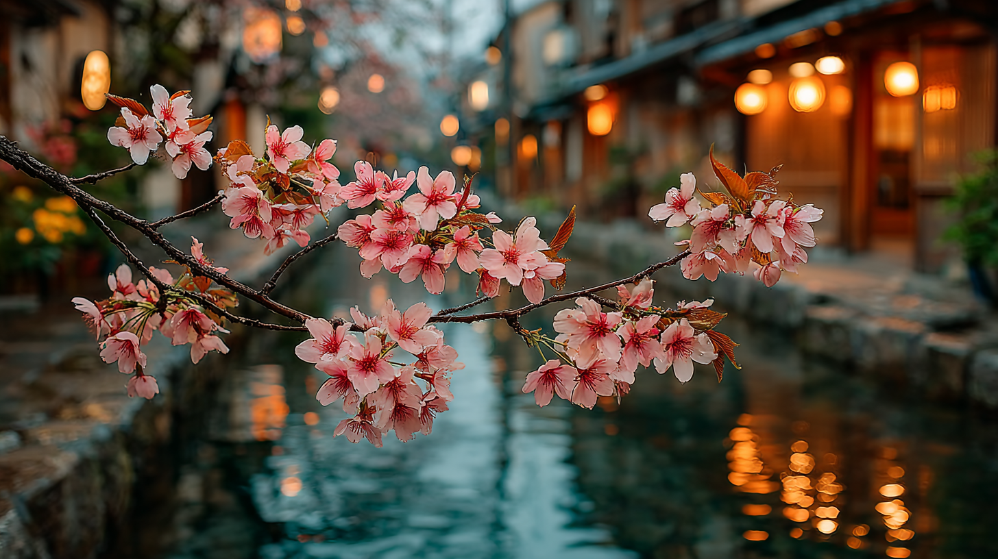 Kirschblüten in Kyoto, traditionelle Häuser im Hintergrund