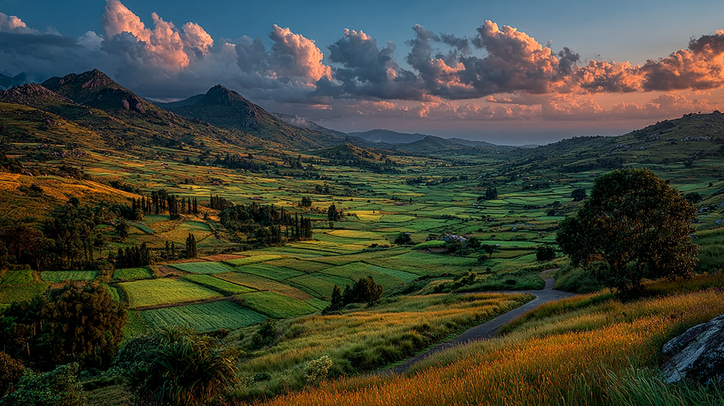 Grüne irische Landschaft im Abendlicht